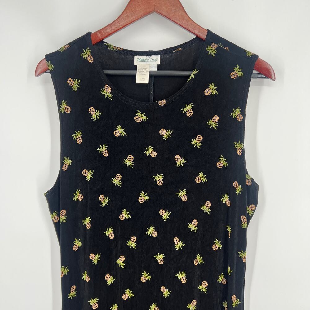 Coldwater Creek Size L Large Black Slinky Maxi Dress Tropical Pineapple Print - Picture 2 of 7